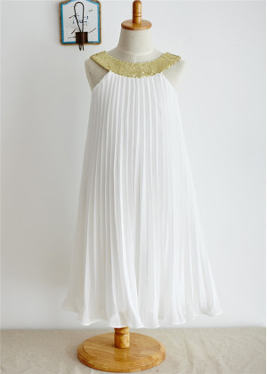 Gold Sequin Collar Ivory Pleated Chiffon Tea Length Flower Girl Dress